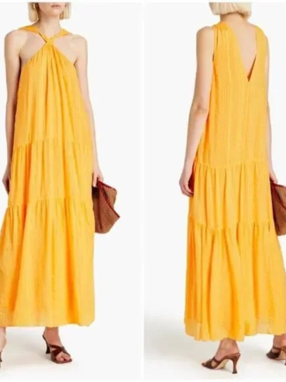 FRAME 100% Silk Twist Back Halter Maxi Dress Marigold Yellow L